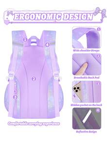 3件套大容量女童背包，带午餐袋、口袋和铅笔盒，渐变色印花书包。可容纳15.6英寸笔记本电脑，多功能口袋。适合户外旅行、返校、郊游和日常使用。