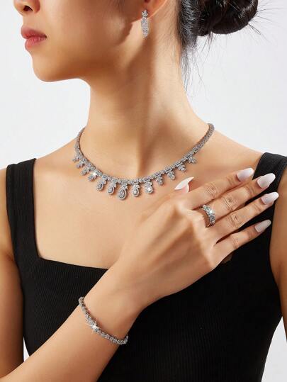 5 Peças/1 Conjunto Conjunto de Joias de Luxo Banhado a Platina com Zircônia para Noiva