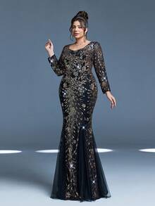 Mgiacy，新款，V领，亮片，高端，大码晚礼服，长袖，修身，鱼尾裙摆，适合，晚宴，黑色连衣裙，亮片裙 - 黑色 - 查看 4