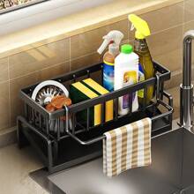 1pc Plastic Kitchen Storage Rack, Dishcloth Storage Hanging Rack, Sponge Cloth Organizer Holder, Stainless Steel Ball Sink Storage Rack, Kitchen Organizer