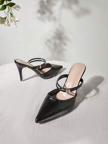 软头环扣女士穆勒鞋，新款优雅女士露趾粗跟高跟鞋，适合约会、购物、派对、正式场合、工作、圣诞节、冬季圣诞礼物 - 黑色 - 查看 2