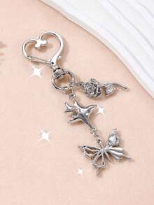 金属圆形吊饰银色蝴蝶和星玫瑰钥匙扣 - 送给女性、包袋和汽车的完美礼物，蝴蝶钥匙扣，银色金属钥匙扣，可作为礼物的钥匙配件，豪华汽车钥匙扣，女士时尚钥匙圈