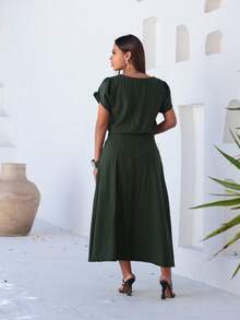 Skirt And Blouse Set In Twill Viscose Short Sleeve Blouse With Boat Neckline Midi Skirt With Flared Model With Pockets And Front Slit - Dark Green - View 2
