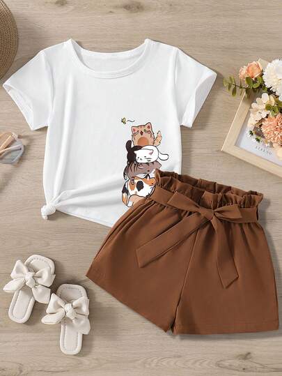 Tween女孩貓卡通短袖T恤，附紙袋式腰帶短褲套裝