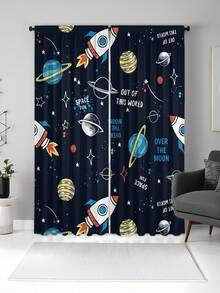 2pcs Cartoon Space Planet & Rocket Print Curtains, High Definition Digital Printing Curtains, Rod Pocket Installation, 100% Polyester Fabric, 90g/Sqm, Suitable For All Seasons, Lightweight, Privacy Protection, Anti-UV, Decorative Curtains - Multicolor - View 2