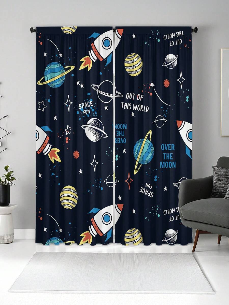 2pcs Cartoon Space Planet & Rocket Print Curtains, High Definition Digital Printing Curtains, Rod Pocket Installation, 100% Polyester Fabric, 90g/Sqm, Suitable For All Seasons, Lightweight, Privacy Protection, Anti-UV, Decorative Curtains