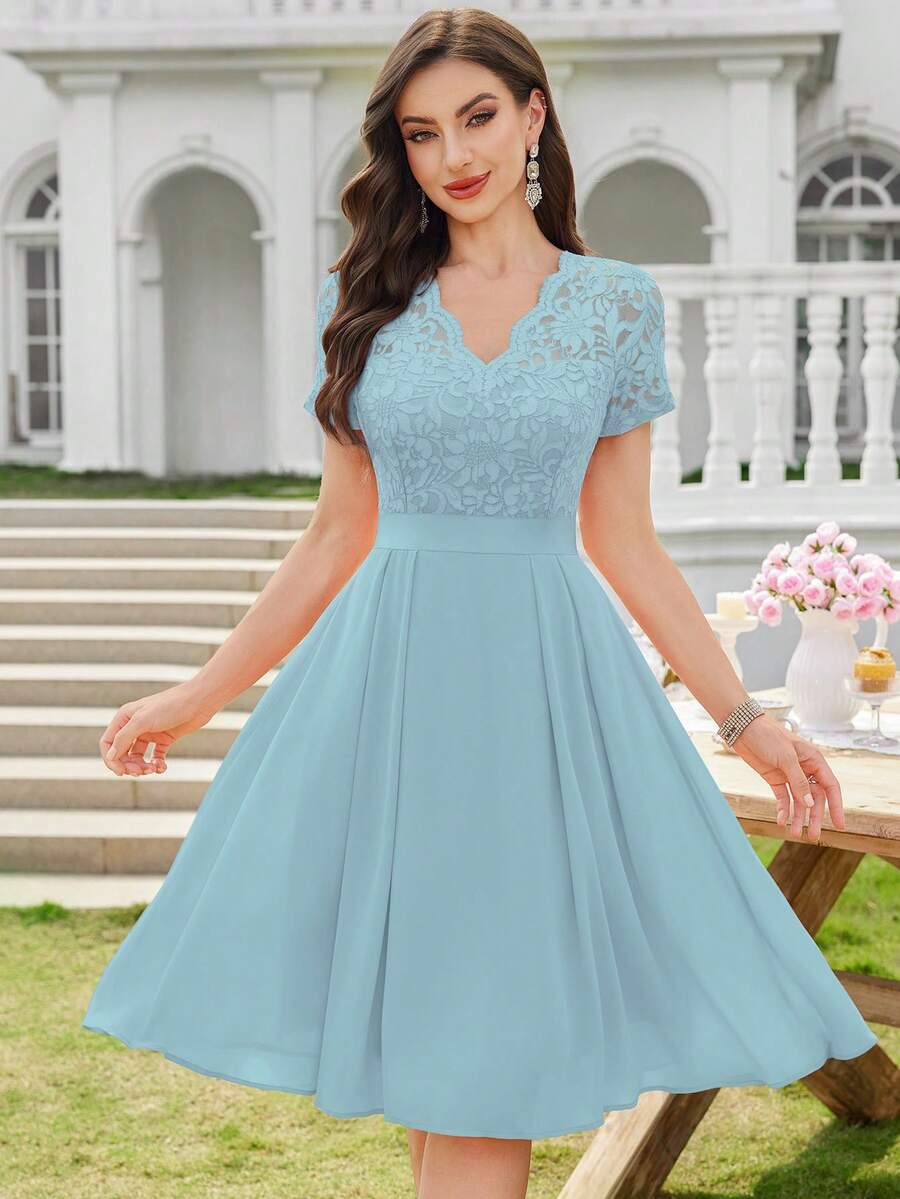 MIUSOL Vestido de gasa con cuello en V elegante, encaje floral, dobladillo plisado, apropiado para invitada de boda, baile de graduación, vacaciones