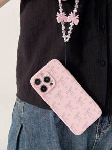 1pc Heart-Shaped Pink Bow Pattern Cell Phone Case With Beaded Lanyard, Cute Anti-Drop Protective Cover Compatible With IPhone 16 11 12 13 14 15 Plus Pro Max/16/16Pro/16E