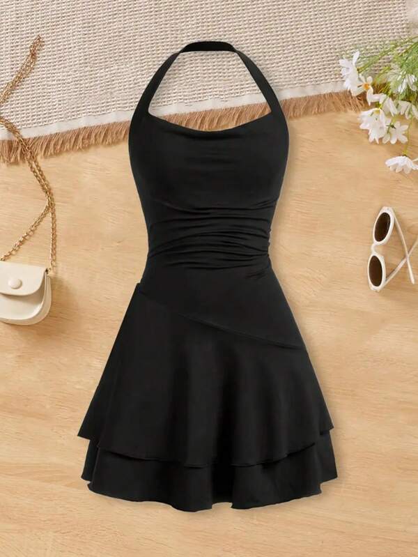 Girls' Fashionable Cinched Waist Backless Crisscross Strap Dress