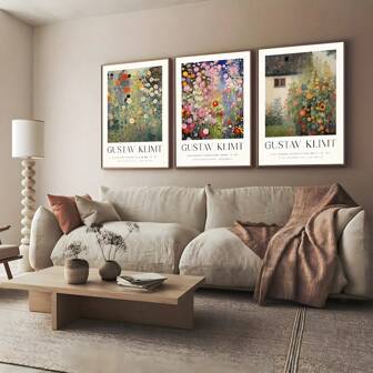 1-3 件/套彩色野花版画、乡村花园艺术、古斯塔夫·克里姆特版画、彩色花海海报、小屋花园花卉新艺术版画、植物海报、客厅和卧室壁纸绘画海报房间装饰可选框架