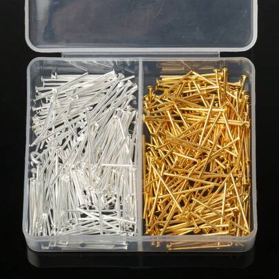 400pcs/Box Flat Head Pins Eye Pins For DIY Jewelry Making, Straight Head Eye Pins Golden And Sliver Jewelry Making Pin Metal End Headpins For Craft Earring Bracelet Necklace Pendant Supplies