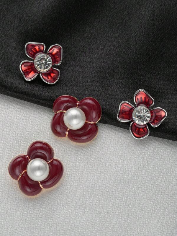 4pcs/Pack Elegant Flower Shaped Metal Buttons, Oil Coated Surface, Crystal & Pearl Decor, Minimalist & Luxurious, Suitable For Coats, Sweaters, Jackets, Dresses, Bags, Gift Box Decorations, DIY Sewing Accessories