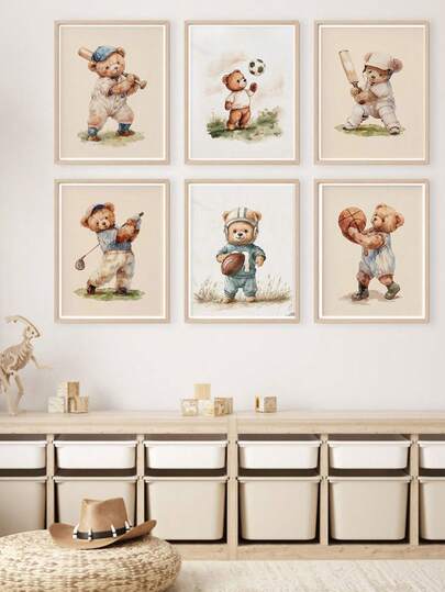 1pc Funny Sports Bear Kids Room Wall Decor - 6 Adorable Designs, With/Without Frame | Hand-Painted Animal Canvas Art And Poster, Suitable For Neutral Nursery Decor, Wooden Frame Decor, Easy To Hang, Baseball, Soccer, Golf Themed Children's Room Decor, Soft Retro Color Tone Design, Best Gift Choice