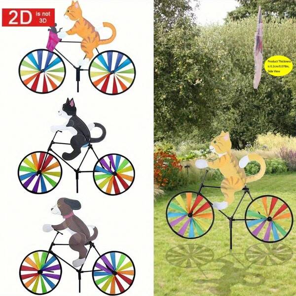 2D Cat Riding Bicycle Windmill, Plastic Rotating Garden Stake Decor, Outdoor Lawn Decoration, No Power Or Battery Required
