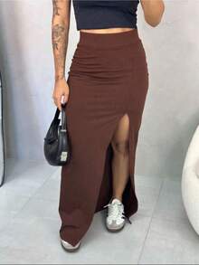 Long Skirt With Ribbed Slit - Cà phê nâu - Xem 2