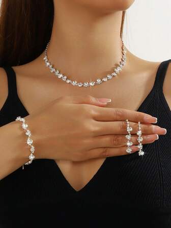 4pcs Set Fully Bejeweled Geometric Chic Necklace, Earrings & Bracelet Jewelry Set, Versatile For Daily, Party, Wedding, Valentine's Day, And Vacation Wear