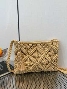 1 pieza Bolso bandolera de paja tejida a mano para verano, diseño hueco de rombos, bolso de hombro versátil, pequeño sobre cuadrado con flecos, de moda, adecuado para la playa, vacaciones - Caqui - Ver 7
