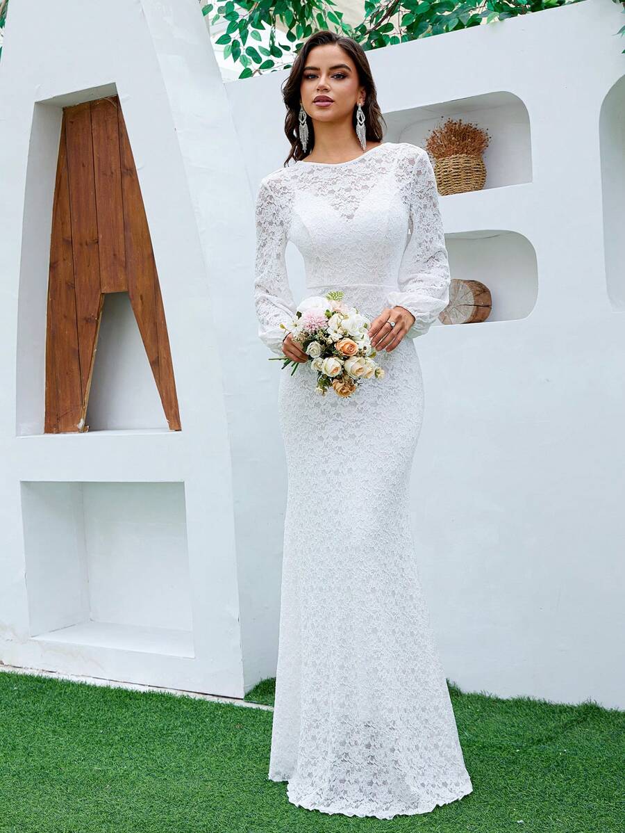 Vestido de Noiva Feminino de Gola Redonda, Mangas Longas, Mangas Trompete, Alças Largas Costas Abertas, Comprimento até o Chão, Vestido de Festa Elegante