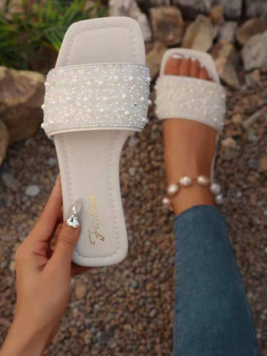 Solid Color Rhinestone Slide Sandals, Comfortable Flat Non-Slip Open-Toe Slippers, European And American Style,Summer Shoes - White - View 1