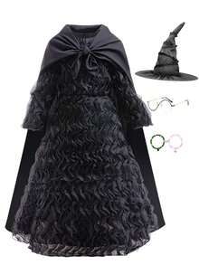 儿童女巫黑色荷叶边连衣裙斗篷尖顶帽眼镜手镯套装儿童花式万圣节狂欢角色扮演女巫服装女童生日派对装扮礼物 - 黑色 - 查看 3
