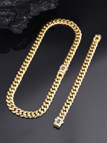 2pcs CVNANA Gold-Plated Men's Cuban Link Necklace & Bracelet Set, Punk Style Unisex Hip Hop Luxury Neck Chain Jewelry Set, Elegant Christmas Gift, Fashion Necklace, Perfect For Birthday, Valentine's Day, Father's Day