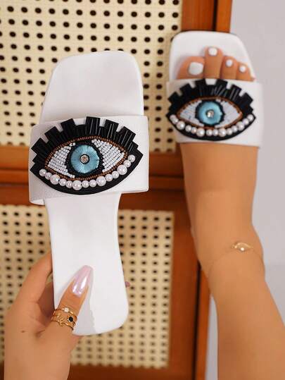 Women's Rhinestone & Pearl Decorated Casual Flat Sandals, Square Toe Comfortable Slip On Summer Beach Style Sandals