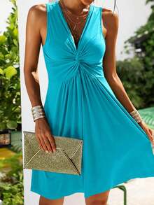 Women's V Neck Front Knotted Sleeveless Tank Dress Summer Solid Casual A Line Dress - 湖藍色 - 查看 2