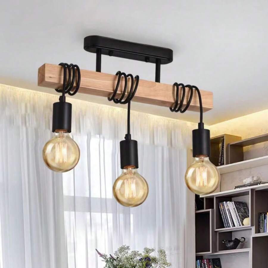 American Style Solid Wood Pendant Lamp, Creative Retro Industrial Style, Original Color, Multi Head Wood Art, Living Room, Dining Room, Suction And Hanging Dual-Use Lamp - 3頭燈杯吊燈 - 查看 1