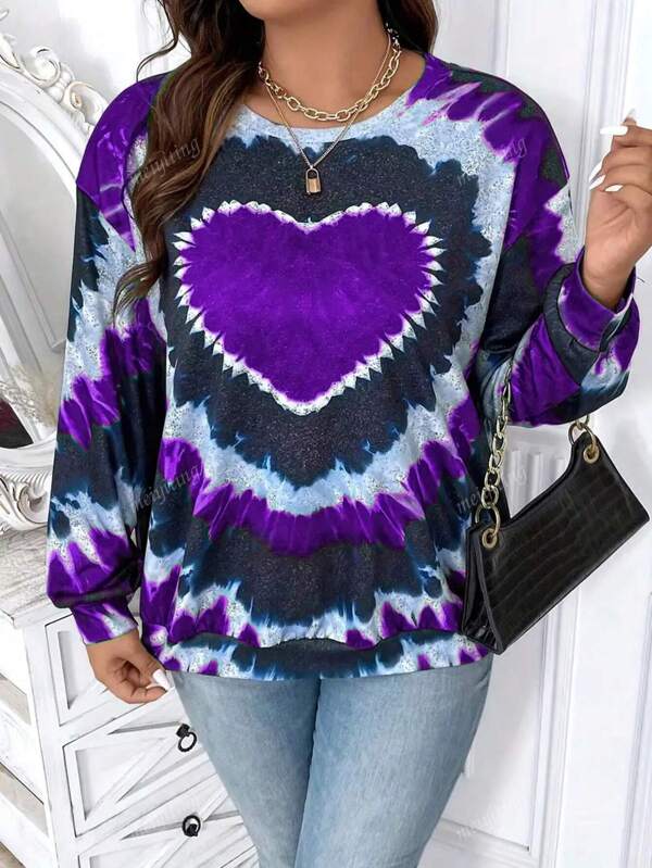 Plus Size Women's Heart Tie Dye Print Crew Neck Long Sleeve T-Shirt