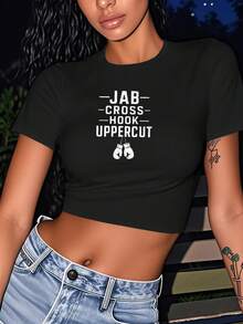 Boxing Gloves  CROSS HOOK UPPERCUT Women's Fashion Short T-Shirt - Black - View 1