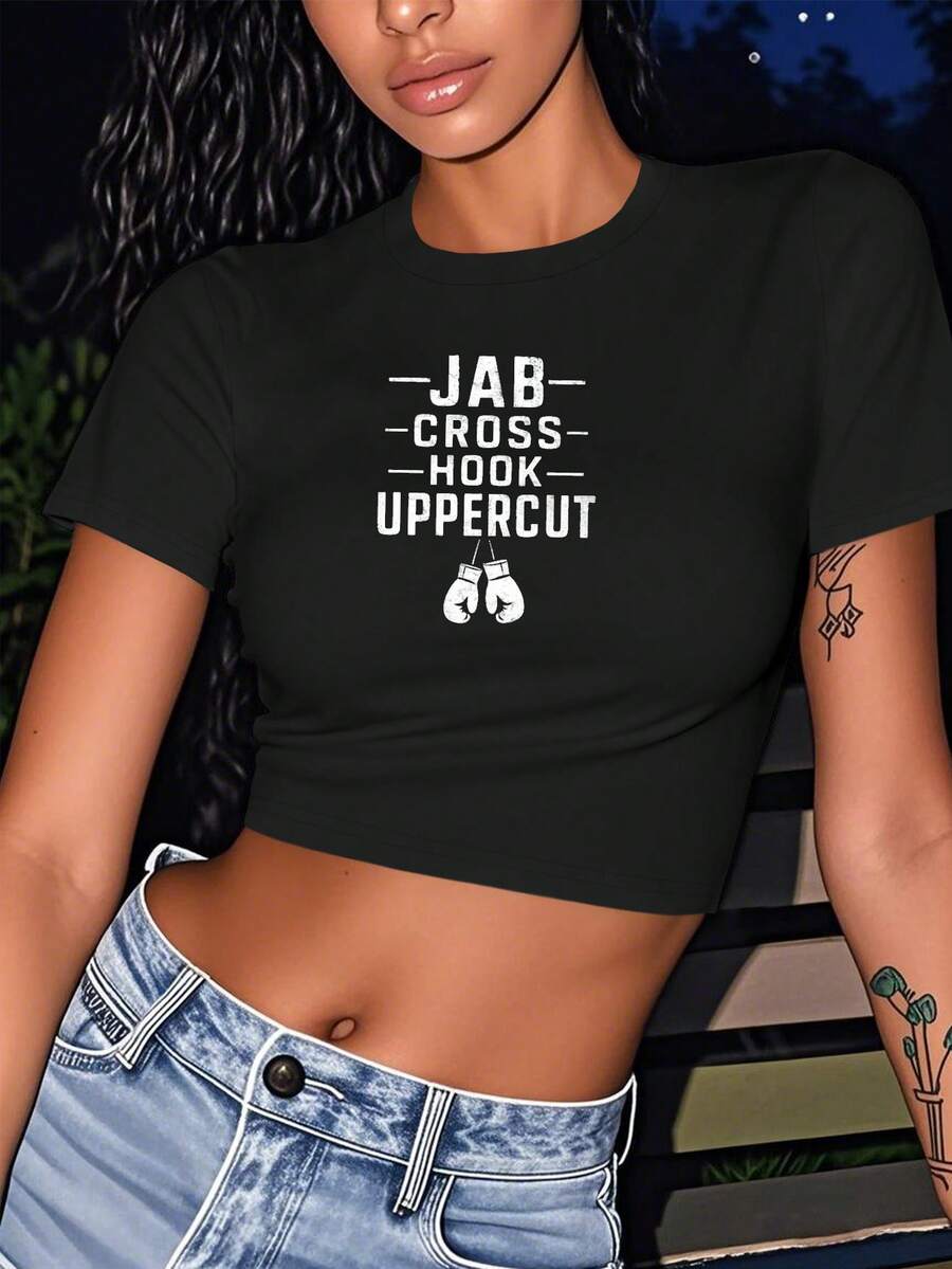 Boxing Gloves CROSS HOOK UPPERCUT Women's Fashion Short T-Shirt - Black - View 1
