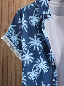 2pcs/Set Plus Size Men's Coconut Tree Digital Print Button-Down Casual Shirt And Solid Color Drawstring Shorts Summer Outfit, Fashion Versatile Suitable For Dates, Beach, Vacation - Blue - View 5