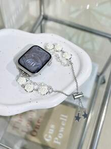 Pulseira de relógio feminina elegante com flor de camélia a laser e liga metálica, compatível com Series 10, 9, 8, 7, 6, 5, 4, 3, 2, 1, 38 mm, 40 mm, 41 mm, 42 mm, 44 mm, 45 mm, 46 mm e 49 mm Ultra 1/2 SE para substituição de pulseira