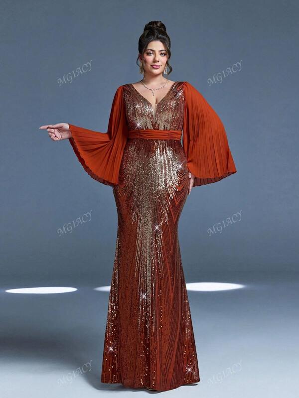 V-Neck Sequin Embellished Floral Printed Spliced Fitted Fishtail Dress