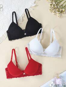 3 sztuki swobodne, wygodne, minimalistyczne, słodkie romantyczne, eleganckie Y2K romantyczne, styl retro pałacowy nieusuwalne usztywniane biustonosze z wysokim wsparciem, francuski romans, wygodne, dzianinowa tkanina