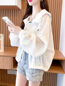 女士夏季宽松拉链几何图案防晒连帽长袖防晒衬衫 - 白色 - 查看 4