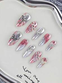 10 piezas de uñas postizas de cobertura completa con forma de almendra de longitud media en color plateado, estilo dulce y fresco adecuado para uso diario y fiestas, gran regalo para mujeres y niñas, incluye 1 pieza de almohadilla de gel y 1 pieza de lima de uñas - Plateado - Ver 11