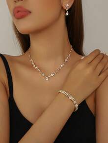 3pcs Set Minimalist Sparkling Diamond Teardrop Necklace & Earrings Jewelry Set, Suitable For Women's Wedding, Birthday, Anniversary Party Wear - Rose Gold - View 11