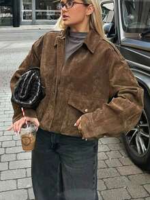 Damen Bomberjacke mit langen weiten Ärmeln, Reißverschluss, Vintage Wildleder Jacke, Mantel, Damen neue Mode Jacken Oberbekleidung - Braun - Übersicht 1