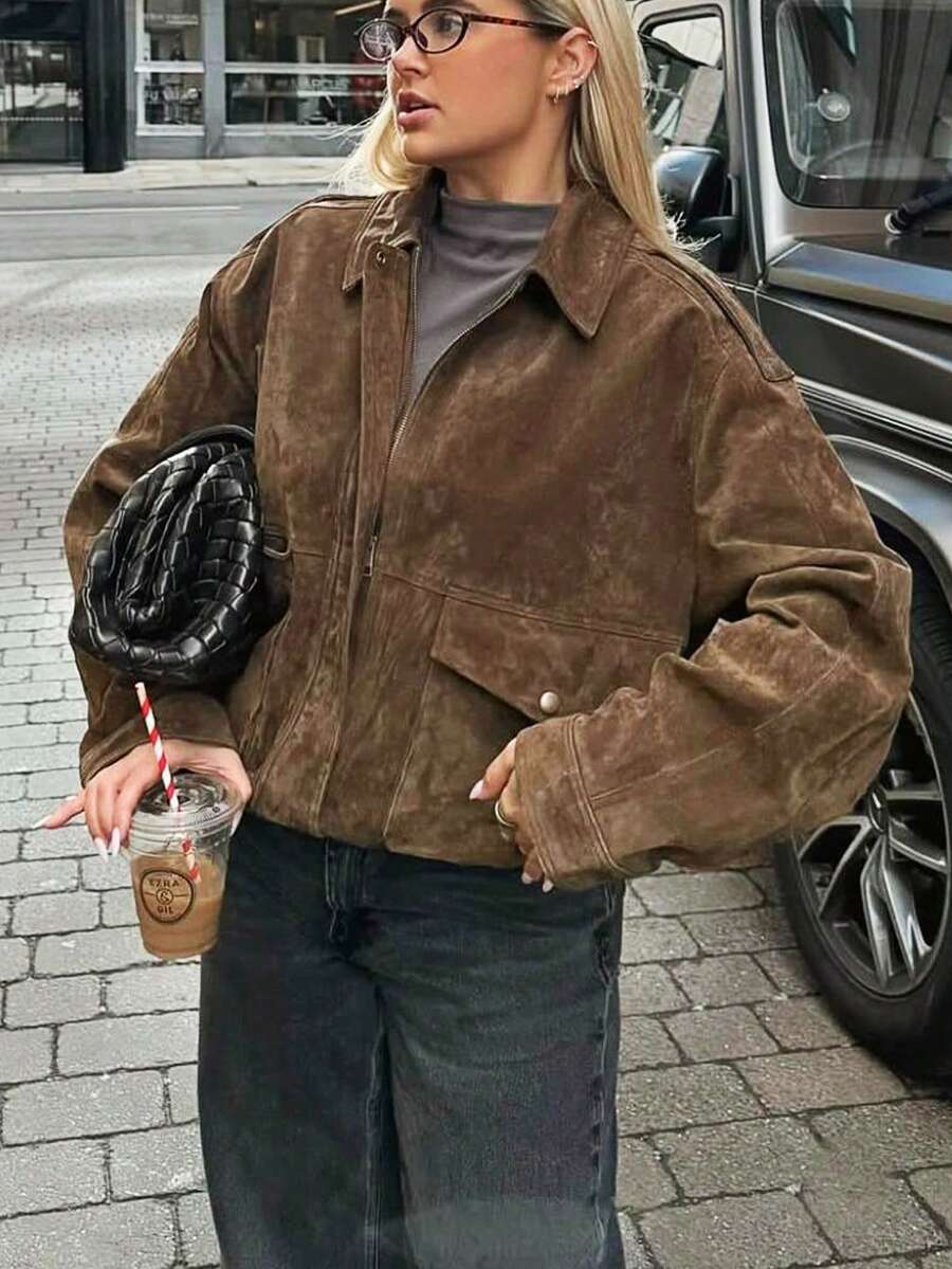 Damen Bomberjacke mit langen weiten Ärmeln, Reißverschluss, Vintage Wildleder Jacke, Mantel, Damen neue Mode Jacken Oberbekleidung - Braun - Übersicht 1