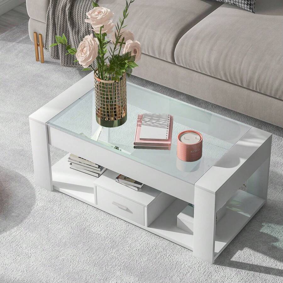 Sweiko Coffee Table, Chest Of Drawers, Living Room Furniture, With Drawer And Shelf, With Two Drawers, Large Open Space, Glass Table Top, 100 X 50 X 40 Cm