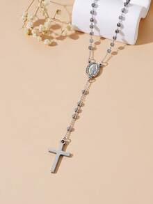 1pc 4mm Stainless Steel Floral Pattern Gold Virgin Mary Cross Rosary Necklace (Inlaid Artificial Diamonds), Lightweight Luxury Necklace For Women's Daily Wear