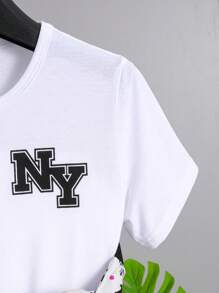 3pcs/Set Boys Summer Letter Print Casual White Short Sleeve T-Shirt + Elastic Waist Allover Print Shorts Set