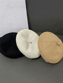 1 件女士纯色休闲贝雷帽，简约优雅的设计，透气画家帽适合户外活动和日常穿着秋季配饰 - 卡其色 - 查看 8