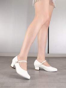 女式白色交谊舞鞋方跟室内舞蹈鞋踝带圆头舞蹈运动鞋 - 白色 - 查看 2