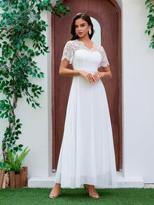 Elasola Women's Wedding Dress A-Line V-Neck Lace Chiffon Dress, Valentine's Day White Spring - White - View 5