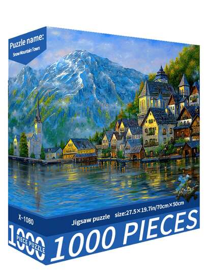 1 Caja de Rompecabezas de 1000 Piezas, Paisaje de Pueblo Nevado Pintura de Arte dibujos animados, Tamaño 70cm X 50cm, Adecuado para Adultos, Alivio de Estrés, Decoración, Regalo de Halloween, Navidad y Año Nuevo