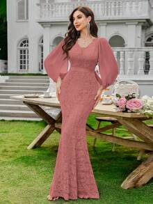 MIUSOL Deep V-Neck Full Floral Lace Mermaid Hem Formal Party Maxi Dress, Elegant Party Dress For Women, Formal Evening Gown, Wedding Dress, Bride - Dusty Pink - View 5