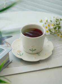 1 pieza Juego de taza y platillo de cerámica con asa, elegante taza de té con relieve floral pequeño y mariposa, taza de café/té de moda con asa, taza de agua para el hogar de vuelta a la escuela