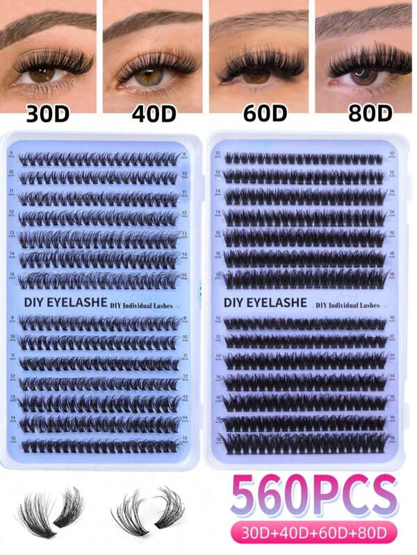 560 grupos de extensiones de pestañas postizas individuales rizadas tipo D, esponjosas y densas de 30D+40D/60D+80D, rizo D, estilo desflecado de 9-18mm, 560 piezas de pestañas postizas para DIY